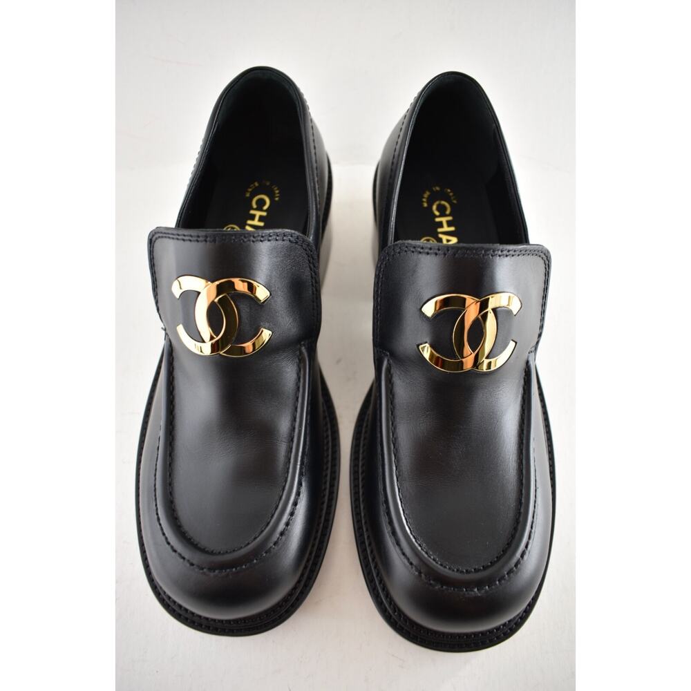 Chanel 55mm Black Calfskin Leather CC Gold Logo Block Heel Platform Loafer 39 - Picture 9 of 16